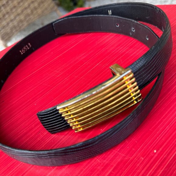 Vintage Carlisle Black Leather Belt Gold Grated Buckle Size M main image 4